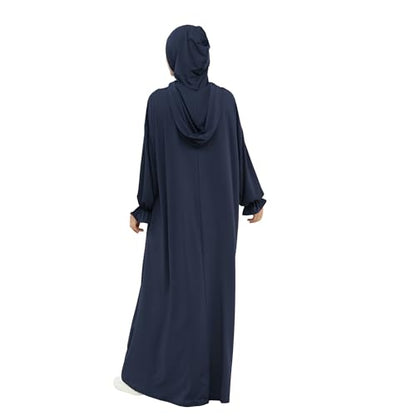 Abaya Muslim Women Hooded Dress Loose Sleeve Loose Maxi Modest Islamic Clothing Prayer Dress Kaftan - color: Navy