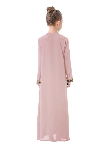 WSPLYSPJY Kids Girls Gold Embroidered Muslim Dress Abaya Long Sleeve Eid Robe Prayer Clothes - color: Light Pink, size: 7-8 Years
