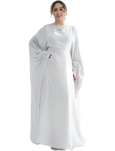 Dubai Bat Sleeve Dress Shiny Robe for Women Muslim 1pc Abaya Eid Prayer Clothes Soft Dubai Travel Party Dress Maxi Abaya - color: Silver Greya, size: Medium