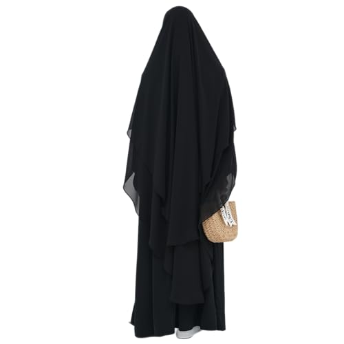 SYANKANGXIAO Ramadan Eid Khimar Abaya Turkey Islam Muslim Chiffon 2 Layers Long Hijab Dress Prayer for Women Full Cover Robe - color: Black