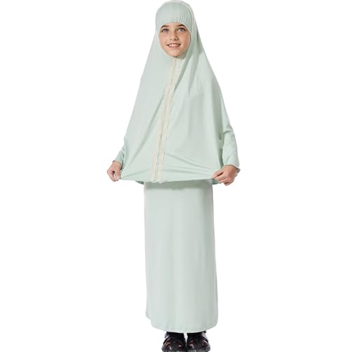 Lenmipot Kids Jilbab 2pcs Abaya Girls Muslim Prayer Dress Kids Eid Full Cover Abaya Dress Set Islamic Prayer Jilbab for Girl - color: Mint Greena, size: 6-7 Years