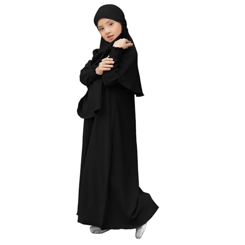 Girls Muslim Dress Islamic Prayer Abaya Long Sleeved Cardigan Kaftan Robe Maxi Dresses with Hijab Ramadan Dubai - color: Black, size: 9-10 Years