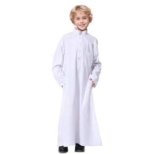 Arabic Thobe Muslim Thobe Long Sleeve Kaftan Crew Robe National Costume Teenage Boys Long Sleeve Embroidered Robe - color: White, size: 13-14 Years
