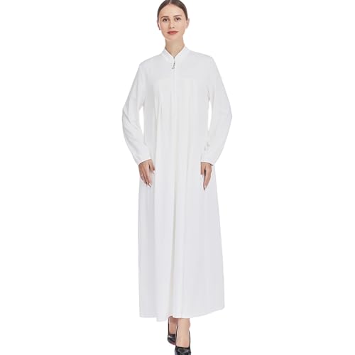 Women Muslim Casual Dress Islamic Maxi Robe Chest Zipper Abaya 1PC Soft Muslim Abaya Eid Kaftan Robe Classic Dress - color: Whitea, size: Medium