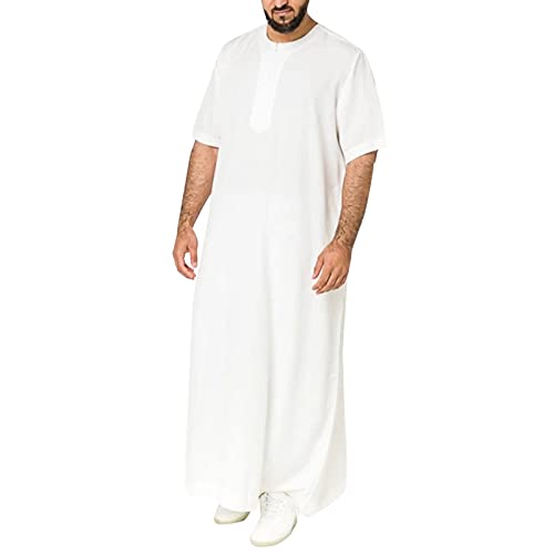 Mens Muslim Thobe Short Sleeve Crewneck Long Gown Casual Lightweight Breathable Big and Tall Robe Ethnic Clothes - color: White, size: Small