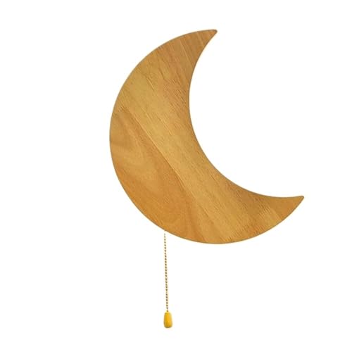 Moon Shape Nordic Style Wall Sconce 11.9-Inch Oak Wood Wall Lamp with Pull Chain Switch 3 Color Temperatures Acrylic Crescent Light Fixture for Bedroom Study Hallway