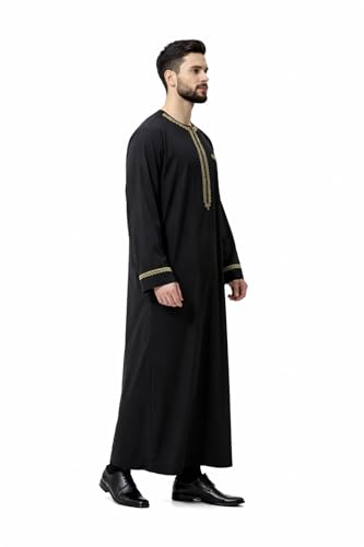 Men Muslim Robe Arab Thobe Long Sleeves Middle East Kaftan Islamic Arabic Gown Dress - color: Black, size: Large