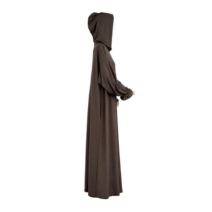 Muslim Hoodie Abaya Islamic Prayer Jilbab Maxi Robe with Inner Cap | Two-layer Cap, Prayer Abaya, Large Style - color: Dark Coffee