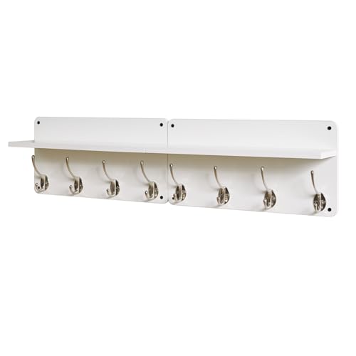 YMYNY 31.5" Coat Rack Wall Mount with Shelf and 8 Hooks, White, HWS006W-2 | 2 Pack Coat Hooks Key Holder Wall Mount, Wood Wall Mounted Coat Rack with Wall Hooks for Hanging, Towel Hooks for Bathroom - color: White