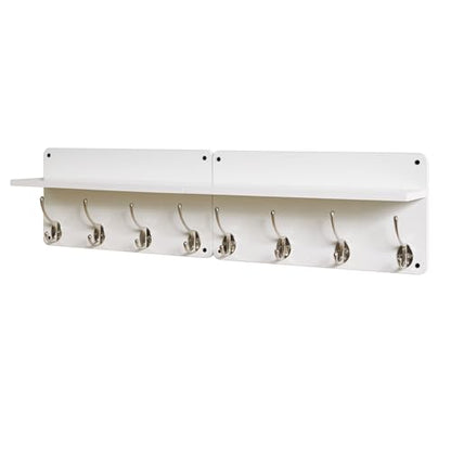YMYNY 31.5" Coat Rack Wall Mount with Shelf and 8 Hooks, White, HWS006W-2 | 2 Pack Coat Hooks Key Holder Wall Mount, Wood Wall Mounted Coat Rack with Wall Hooks for Hanging, Towel Hooks for Bathroom - color: White