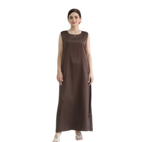 SYANKANGXIAO Ramadan Afrian Inner Under Dress for Women Dubai Abaya Turkey Muslim Sleeveless Long Slip Dress - color: Coffee, size: Small