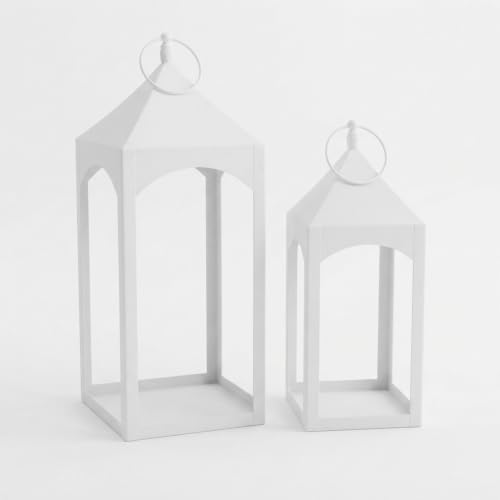 HOSLEY Set of 2 White Metal Lanterns, Modern Decorative Hanging Lanterns, Large and Small Candle Holders for Home Decor, Indoor Outdoor Use - color: White