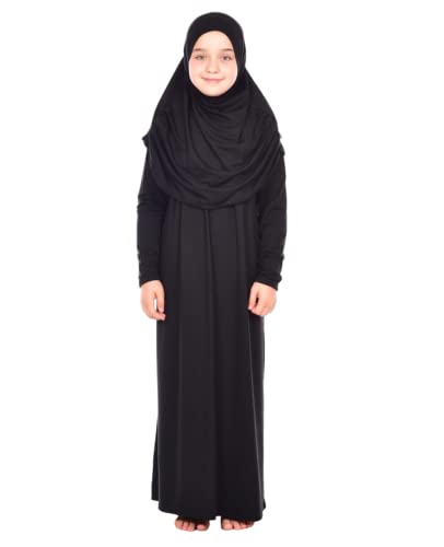 Prien Kids Prayer Dress Muslim Clothes for Girls Long Sleeve Abaya with Hijab Two Piece Maxi Islamic Set Scarf Kaftan Jilbab - color: Black