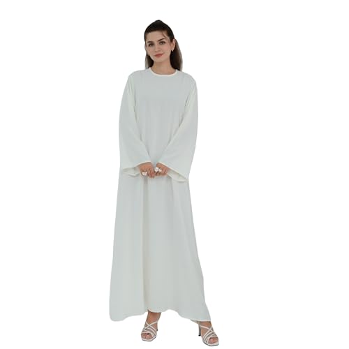 Women Abaya Dress with Belt Muslim Bell Sleeve Robe Islamic Prayer Jilbab | with Belt, A-line Skirt, Bell Sleeve - color: White, size: Large
