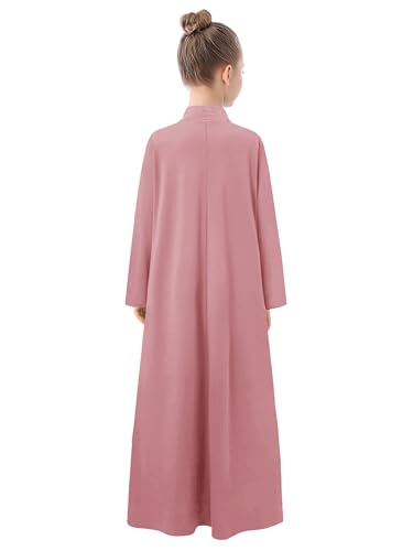 WSPLYSPJY High Neck Kids Girls Abaya Dress Solid Color Muslim Robe Prayer Clothes with Pockets - color: 핑크, size: 5~6세