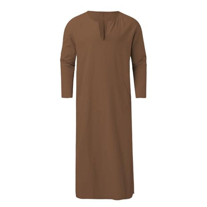 Muslim Robe Kaftan for Men Long Sleeve Solid V Neck Shirts Linen Kaftan Muslim Long Gown Side Split Ethnic Thobe Robe - color: Coffee, size: X-Large