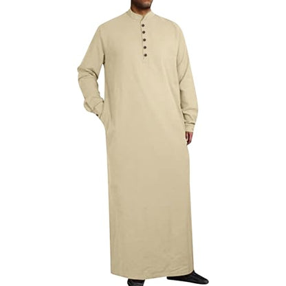 Men’s Muslim Islamic Thobe Robe Kaftan Long Sleeve Jubba Arabic Saudi Style Embroidered Formal Gown A11 - color: Khaki, size: Medium