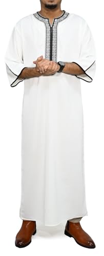 Men's Casual Long Kaftan Robe With Elbow Sleeves And Embroidered Neckline Lightweight - size: Small