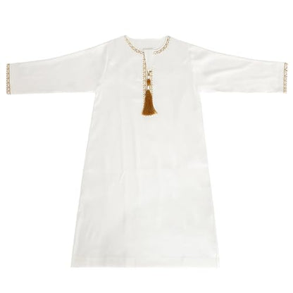 Boys Muslim Clothing Kids Prayer Outfits Long Sleeve Eid Dresses Embroidered Thobe Solid Color Crewneck Arabic Abaya - color: White, size: 3-4T