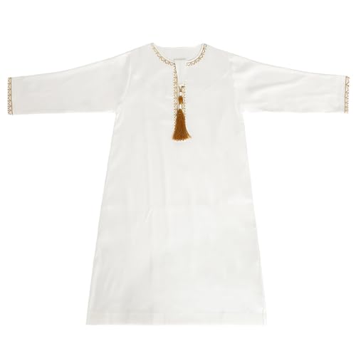 Boys Muslim Clothing Kids Prayer Outfits Long Sleeve Eid Dresses Embroidered Thobe Solid Color Crewneck Arabic Abaya - color: White, size: 5-6X