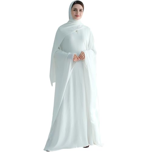 Muslim Abaya Dress Women Middle East Arabian Prayer Robe Batwing Maxi Kaftan Abaya Dress with Hijab - color: White