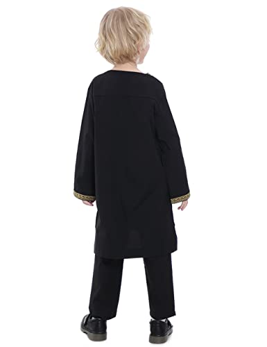 Boy's Muslim Clothing Kaftan Set - Middle East Youth Embroidered Robe Suit Round Neck Islamic Dress Arabic Wear - color: Black, size: 19