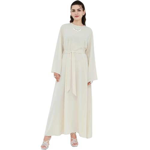Abaya Dress for Muslim Women Light Smooth Back Zipper Prayer Robe Multiple Colors Flowing Maxi Abaya Dress with Belt - color: Beige, size: Large