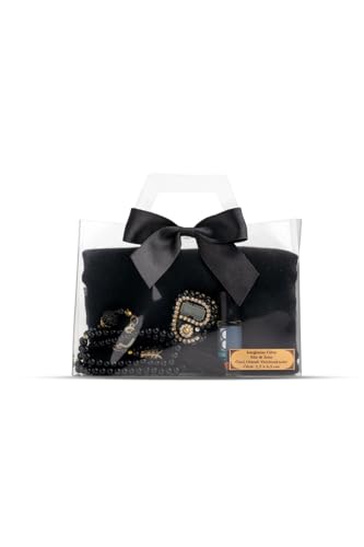 SODEF Black Scarf Essence and Pearl Prayer Beads Zikirmatik Gift Set - Special Boxed refined Modest Accessory - Multicolor, 55x26 inch