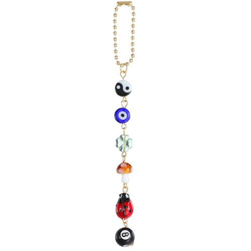 Ptwola Evil Eye Car Hanging Ornament Good Lucky Days Charm 8 Ball Mushroom Four-Leaf Ladybug Yin Yang Symbo Rear View Mirror Pendant Cute Boho Car Accessories Decorations for Keychain Cellphone