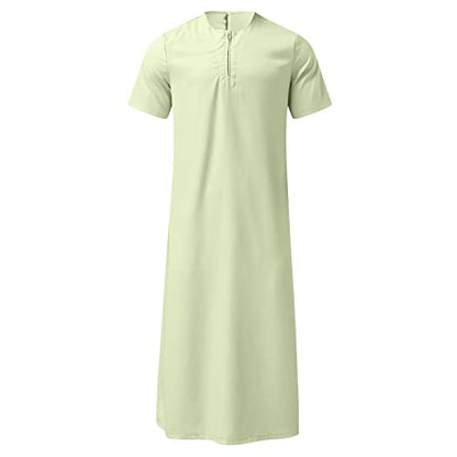 Muslim Thobe for Men Islamic Robe Kaftan Long Sleeve Jubba Arabic Gown Cotton Linen Loose Fit Ramadan A20 - color: Green, size: Large