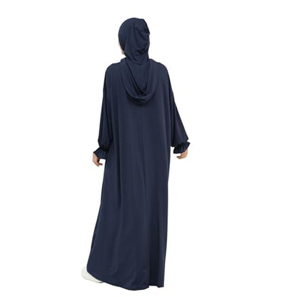Muslim Hoodie Abaya Islamic Prayer Jilbab Maxi Robe with Inner Cap | Two-layer Cap, Prayer Abaya, Large Style - color: Dark Blue