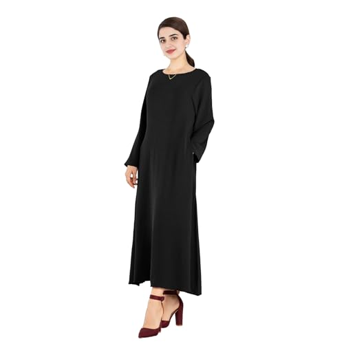 Women Abaya Muslim Dress Long Sleeve Modest Prayer Maxi Kaftan Islamic Clothes with Pockets - color: Black, size: X-Large
