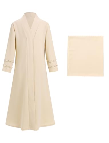 Muslim Abaya For Girls Islamic Prayer Abayas Dress with Hijab Ramadan Cardigan Kaftan Robe Dresses Dubai Outfits - color: Beige, size: 3-4 Years