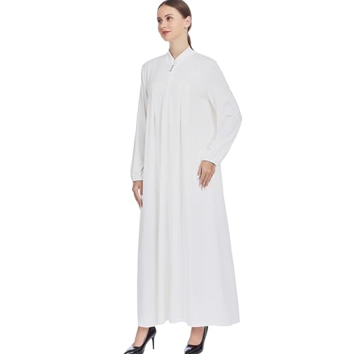 Women Muslim Casual Dress Islamic Maxi Robe Chest Zipper Abaya 1PC Soft Muslim Abaya Eid Kaftan Robe Classic Dress - color: Whitea, size: X-Large