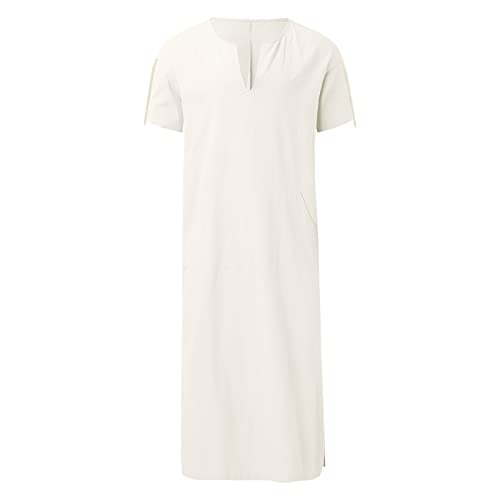 Mens Muslin Robe Full Length Long Sleeve Tops V Neck Kaftan Lightweight Pullover Thobe Comfy Nightshirts - color: A01 White, size: Medium