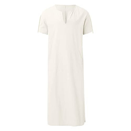Mens Muslin Robe Full Length Long Sleeve Tops V Neck Kaftan Lightweight Pullover Thobe Comfy Nightshirts - color: A01 White, size: 5X-Large