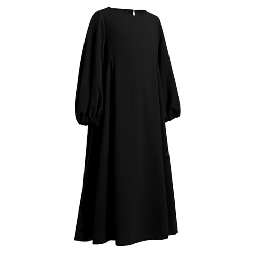 Kids Girls Muslim Abaya Long Lantern Sleeve Robe Maxi Dress Dubai Islamic Pleated Prayer Dress Full Cover Kaftan Casual - color: Black, size: 9-10 Years