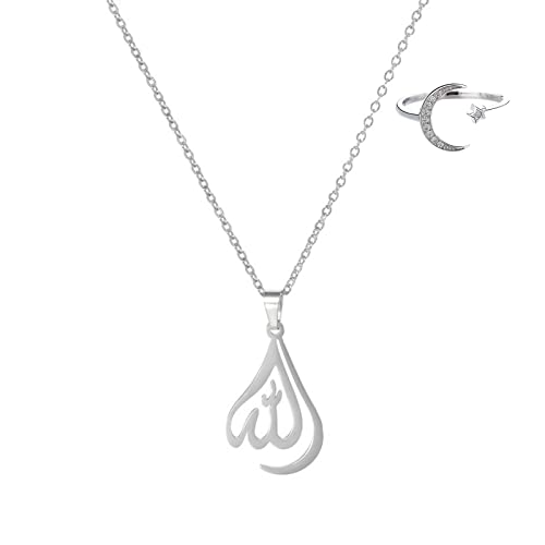 FABMODE Allah Pendant Necklace Arabic Islamic Jewelry for Women Abaya Accessories Eid Ramadan Islamic Gifts (1 Stellar Moon Adjustable Ring Included)