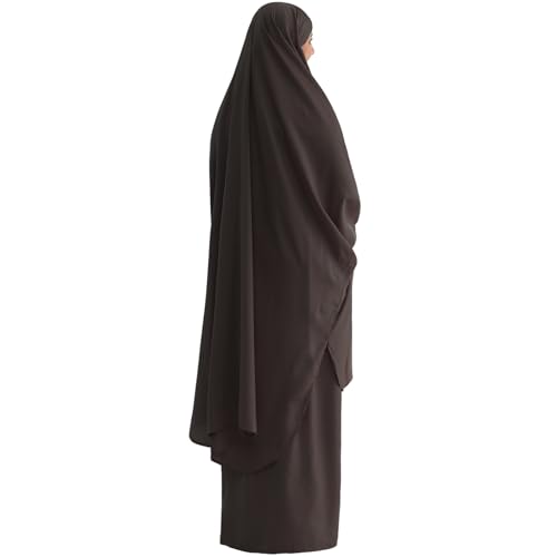 Muslim Women Abaya Two Pieces Set Prayer Dress Elasticated Sleeves Islamic Robe Modest Full Cover Prayer Clothes - color: Brown