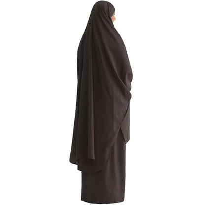 Muslim Women Abaya Two Pieces Set Prayer Dress Elasticated Sleeves Islamic Robe Modest Full Cover Prayer Clothes - color: Brown