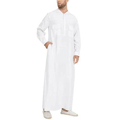 Muslim Hooded Kaftan for Men Solid Cotton Linen Robe Long Sleeve Long Gown Lightweight Thobe Caftan with Pockets - color: White, size: XX-Large