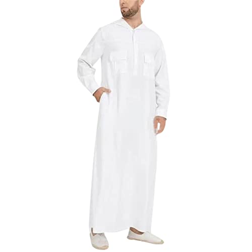 Muslim Hooded Kaftan for Men Solid Cotton Linen Robe Long Sleeve Long Gown Lightweight Thobe Caftan with Pockets - color: White, size: XX-Large