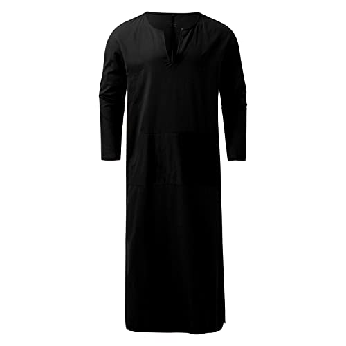 Mens Muslim Robes Solid Cotton Kaftan Thobe V Neck Casual Shirt Long Sleeve Islamic Caftans with Pocket - color: Black, size: Large