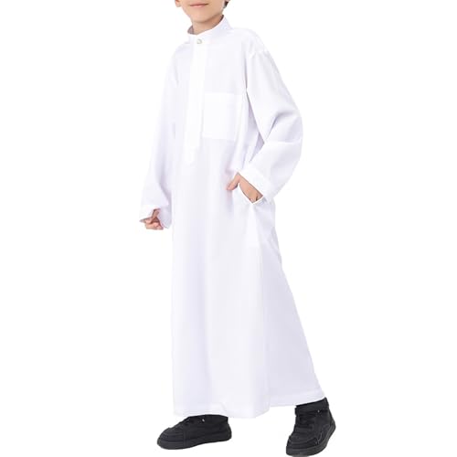 Muslim Thobe for Boys Long Sleeve Islamic Arabic Kaftan Button 𝐑obe Middle East Prayer Dress Kids Ramadan Eid Outfit - color: White, size: 3-4T