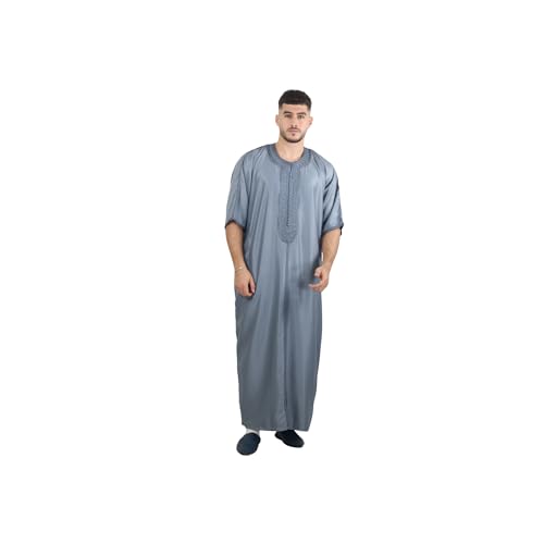Men’s Moroccan Gandora – Traditional Short Sleeve Thobe – Lightweight Summer Kaftan Robe for Men - color: Gray, size: Medium