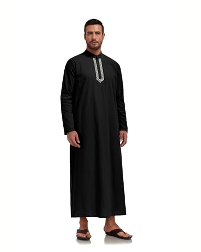 Jacansi Men's 65% Cotton 35% Linen Kaftan Robe, Henley Button Down Thobe, Long Sleeve Casual Gown with Pockets - color: Black, size: X-Large