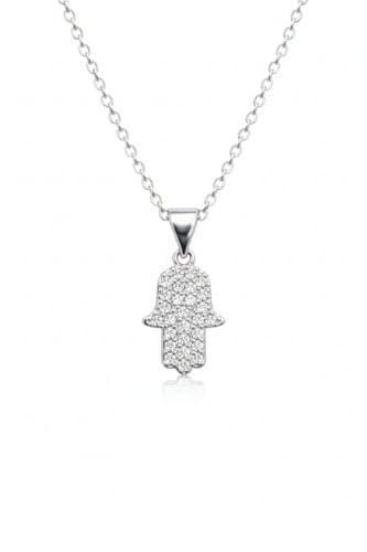 Made In Israel 14K Gold Plated Stainless Still Hamsa Necklace for Women – Jewish Symbol Pendant from Israel – Elegant Hebrew With Cubic Zirconia Dainty Religious Jewish Jewelry - color: Silver
