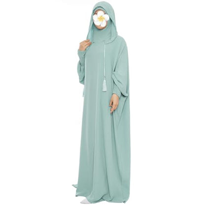 khalat Muslim Prayer Dress Abaya Solid One-Piece Hoodie Abaya Dress for Women Long Maxi Dress Islamic Dubai Jilbab - color: Light Green