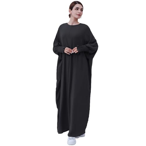 khalat Womens Muslim Prayer Dress Front Zipper Kaftan Islamic Robe Modest Solid Abayas for Women Muslim - color: Black
