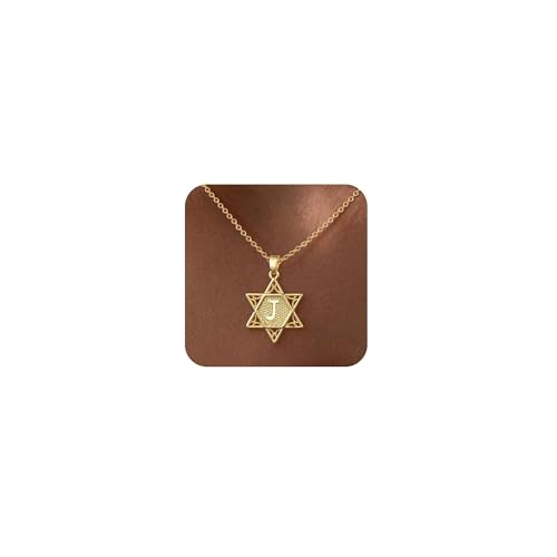 Gold Initial Necklaces for Women Dainty Pendant Letter Necklace 14K Gold Plated Jewish Star of David Religious Jewelry Personalized Gift Non Tarnish Waterproof 16.5-18.5 Inches - style: Initial J